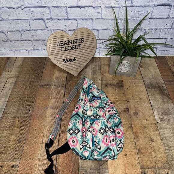 Kavu Rope Crossbody Sling Bag Aztec Southwestern Geometric Teal/Pink/Black - Picture 15 of 15